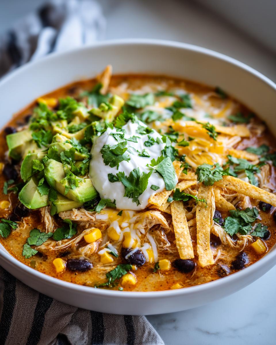 Close-up of Martina McBride's Creamy Chicken Tortilla Soup, loaded with shredded chicken, black beans, corn, and topped with avocado, cheese, and sour cream.
