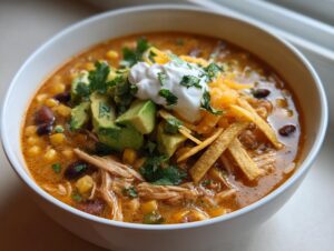 A close-up of Martina McBride's creamy chicken tortilla soup topped with avocado, sour cream, cheese, and tortilla strips.