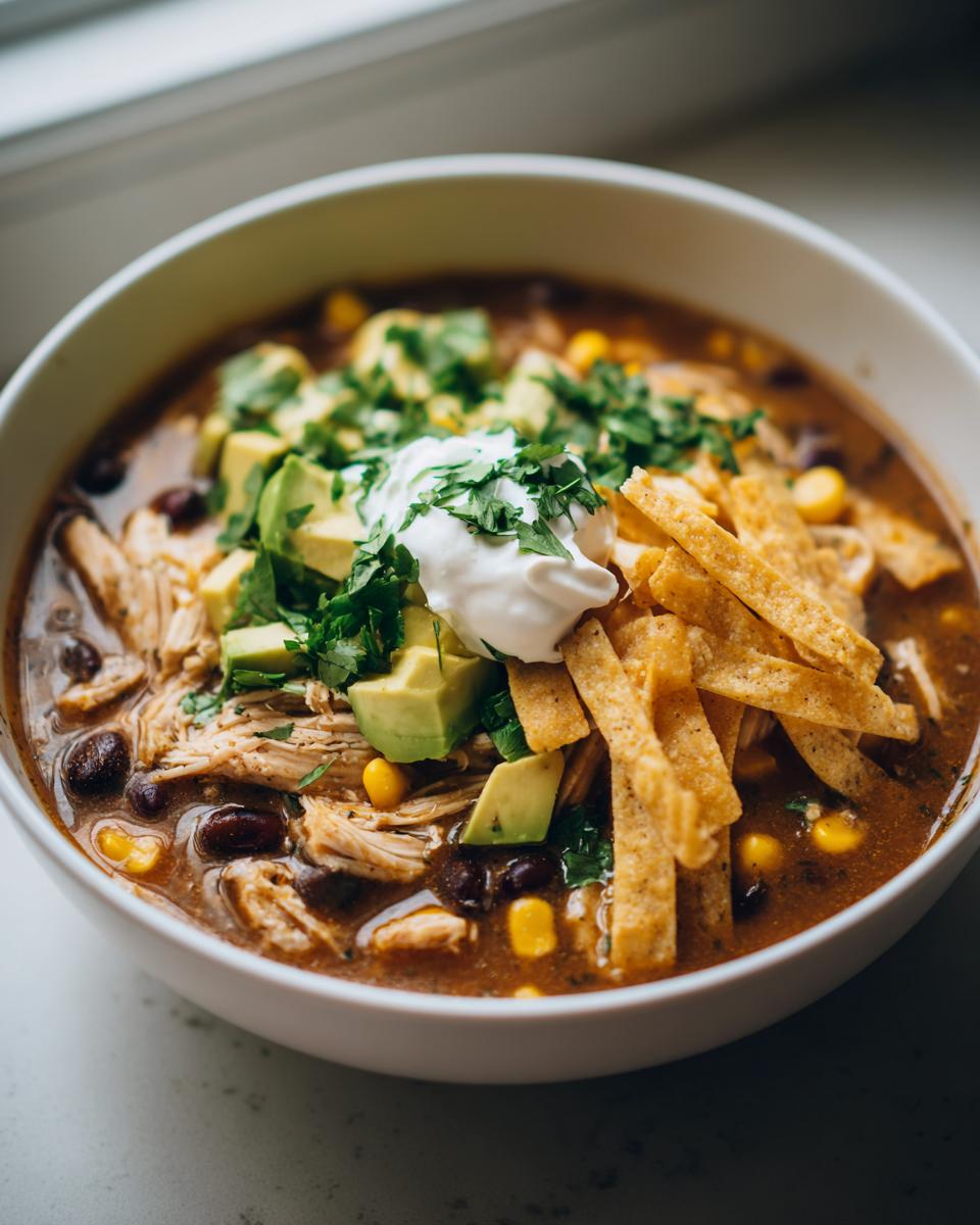 A close-up of Martina McBride's Creamy Chicken Tortilla Soup, topped with avocado, sour cream, and tortilla strips.