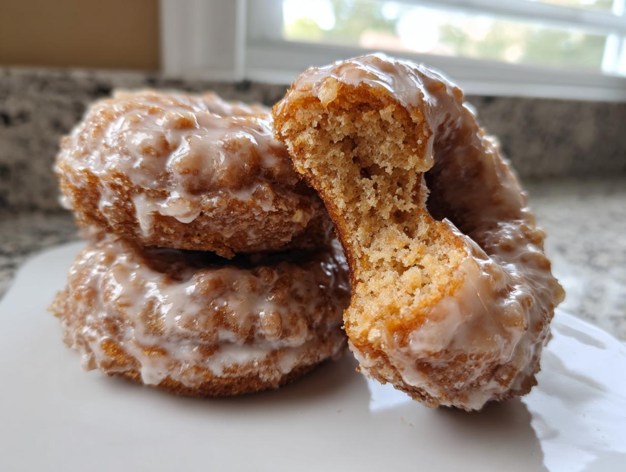 Close-up of three glazed cake donuts, one broken open to show the moist interior texture.