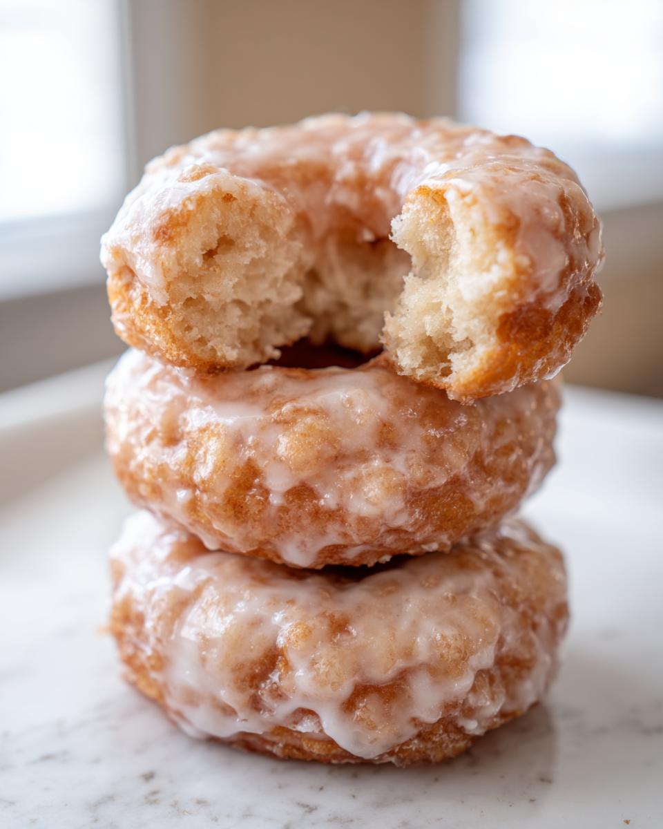 Close-up of three stacked, freshly glazed cake donuts, with a bite taken out of the top one.