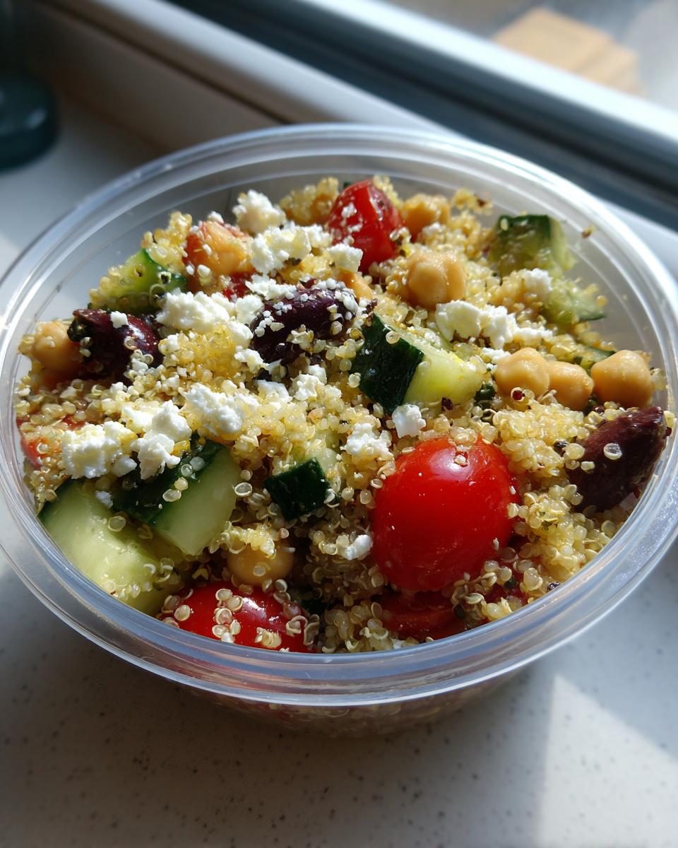 Close-up of a colorful quinoa salad with chickpeas, cucumber, tomatoes, olives, and feta cheese in a clear plastic container.