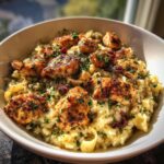 Close-up of Mediterranean chicken scampi served over creamy garlic parmesan rice, garnished with herbs.