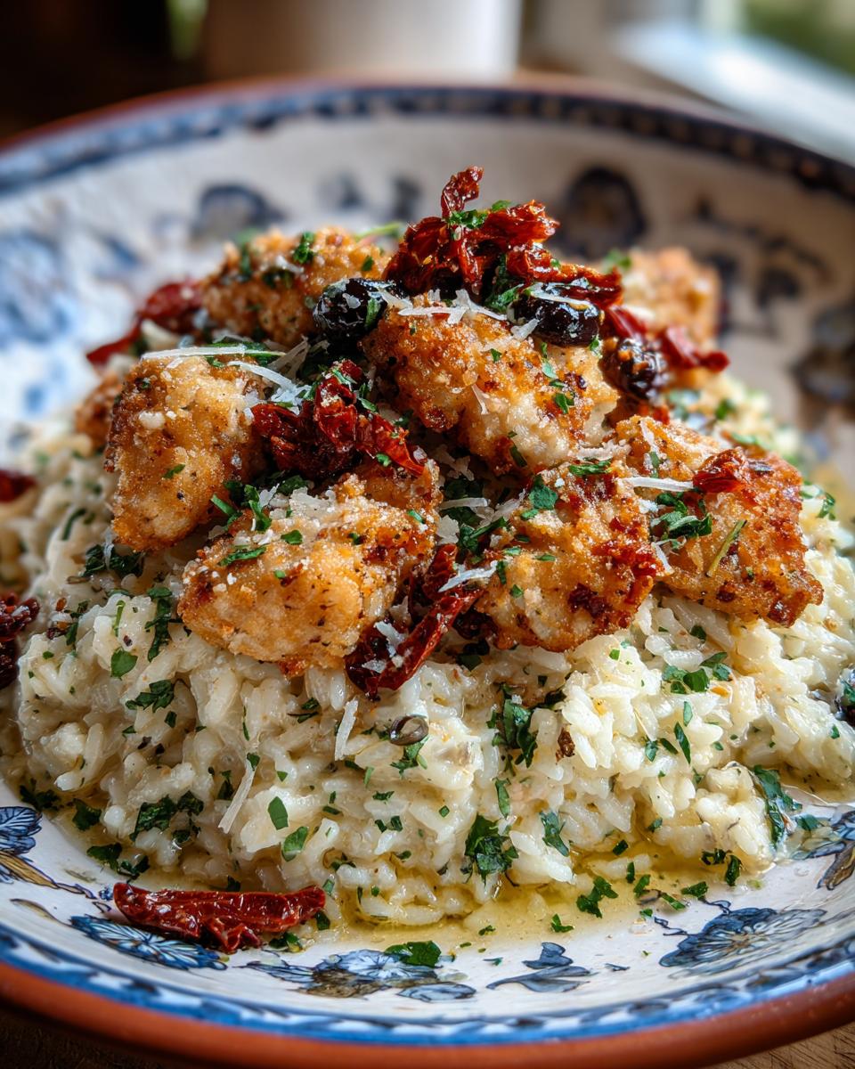 Golden chicken pieces served over creamy garlic parmesan rice, topped with sun-dried tomatoes.