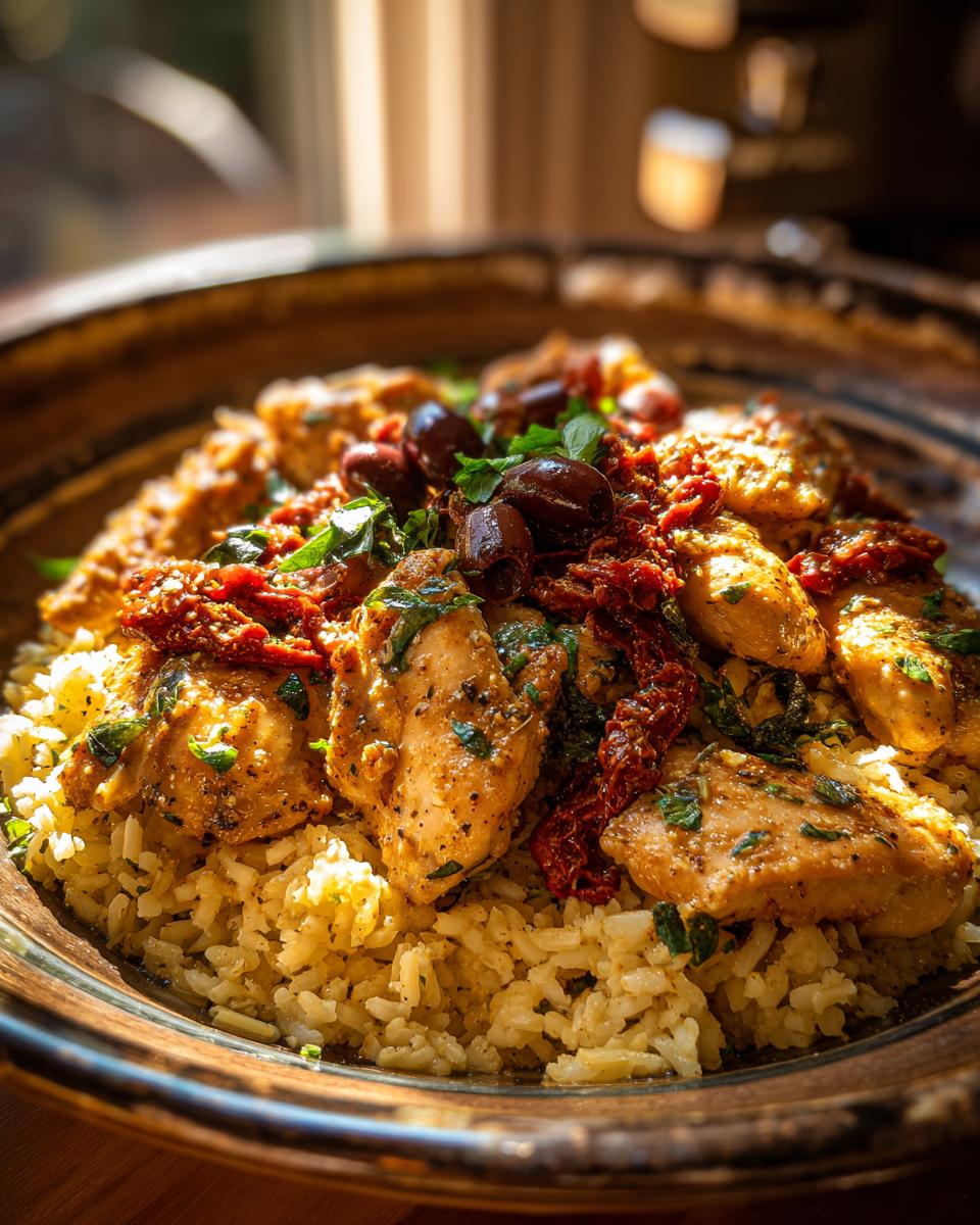 Close-up of Mediterranean chicken scampi pieces served over garlic parmesan rice, topped with sun-dried tomatoes and olives.