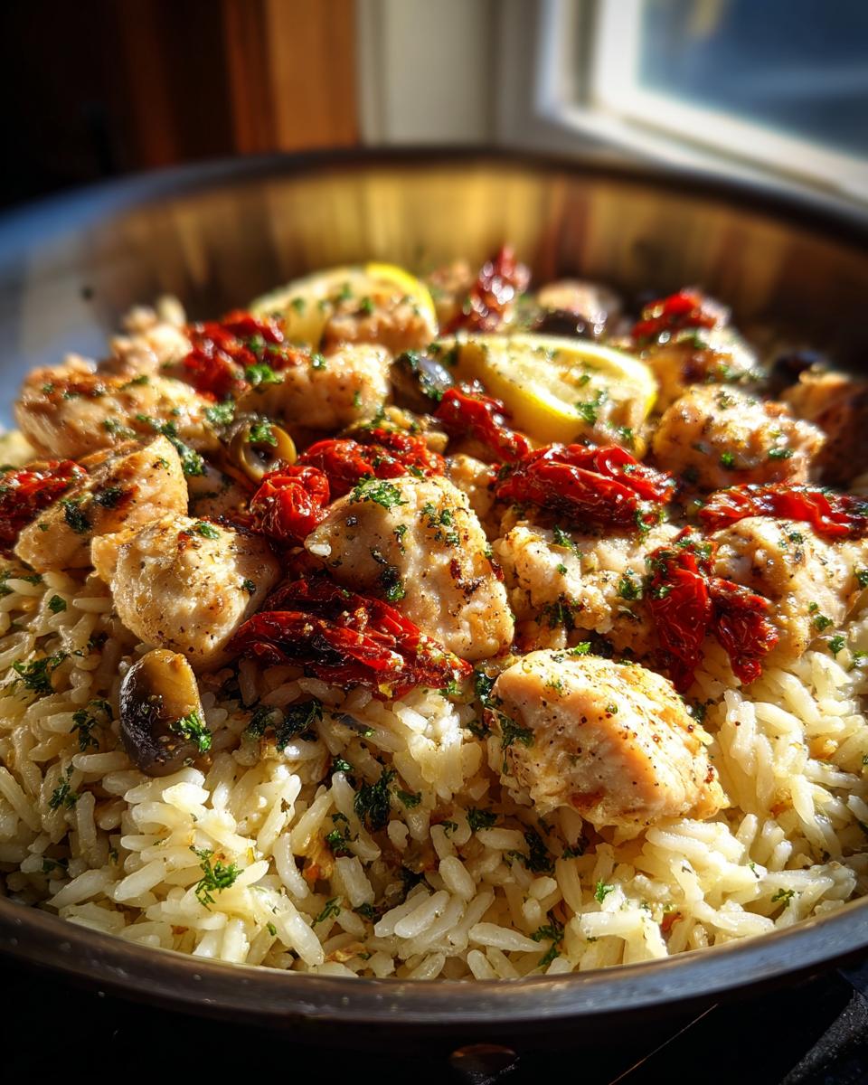 Close-up of Mediterranean chicken scampi pieces served over garlic parmesan rice, garnished with sun-dried tomatoes and lemon.