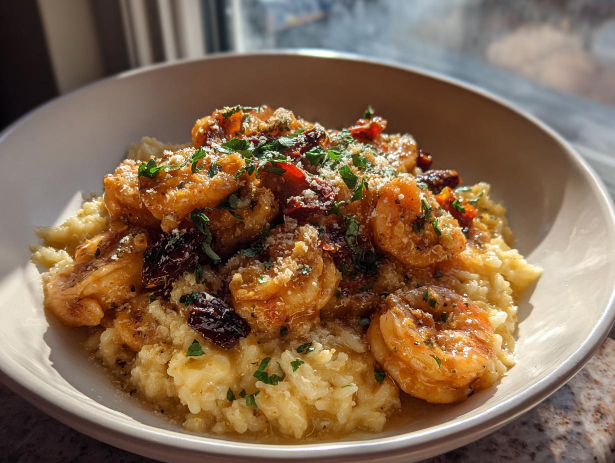 A bowl of mediterranean chicken scampi served over creamy garlic parmesan rice, garnished with herbs.