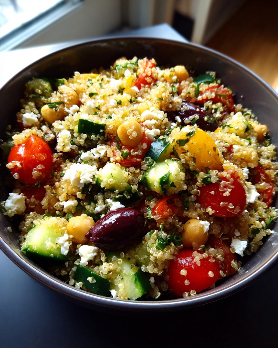 Close-up of a vibrant Mediterranean quinoa salad featuring chickpeas, cucumber, tomatoes, olives, and feta cheese.
