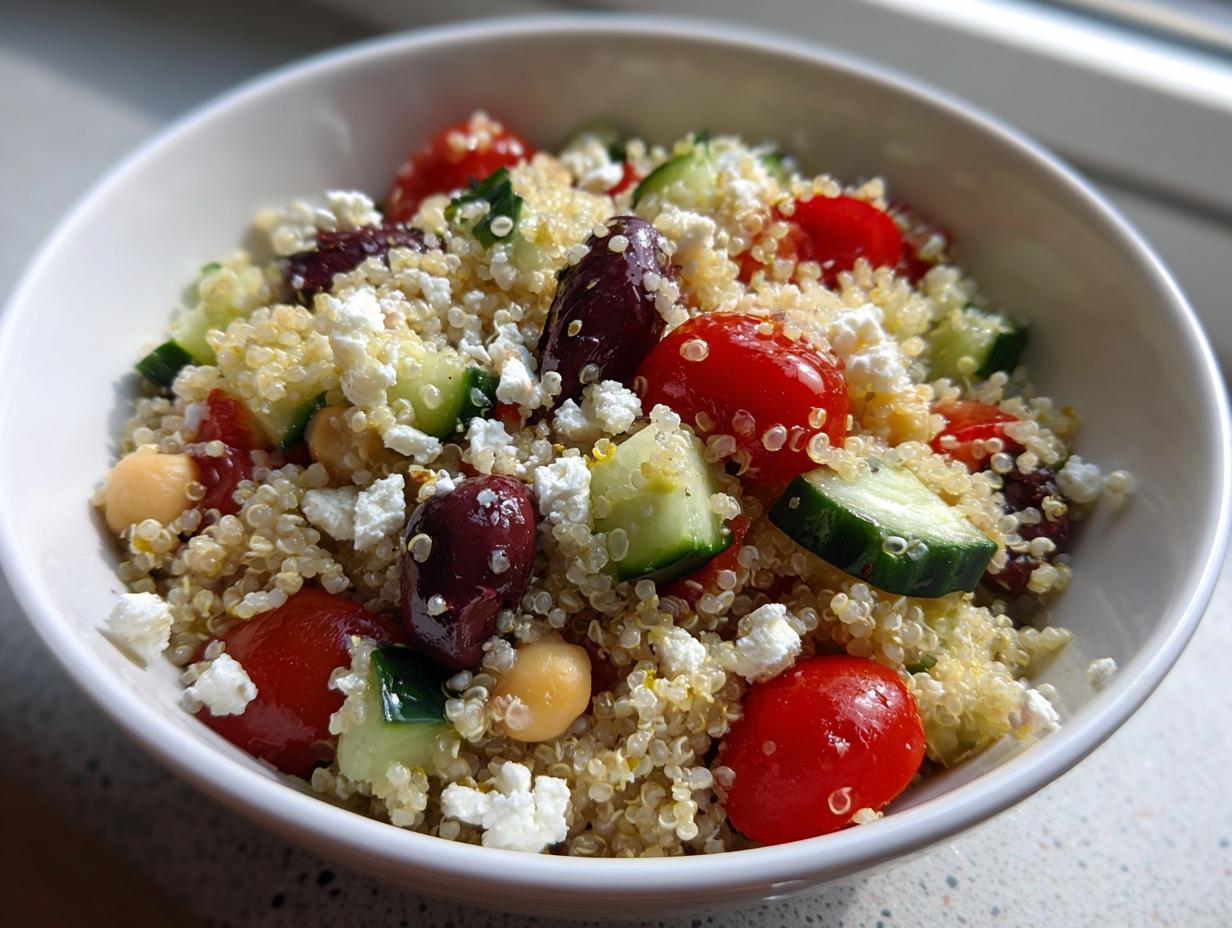 Close-up of a vibrant Mediterranean quinoa salad with feta, tomatoes, cucumbers, and olives in a white bowl.