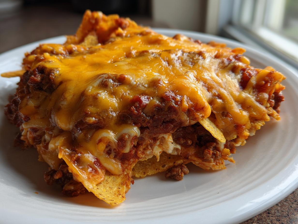 A close-up serving of baked frito pie layered with chili and topped with melted cheddar cheese on a white plate.