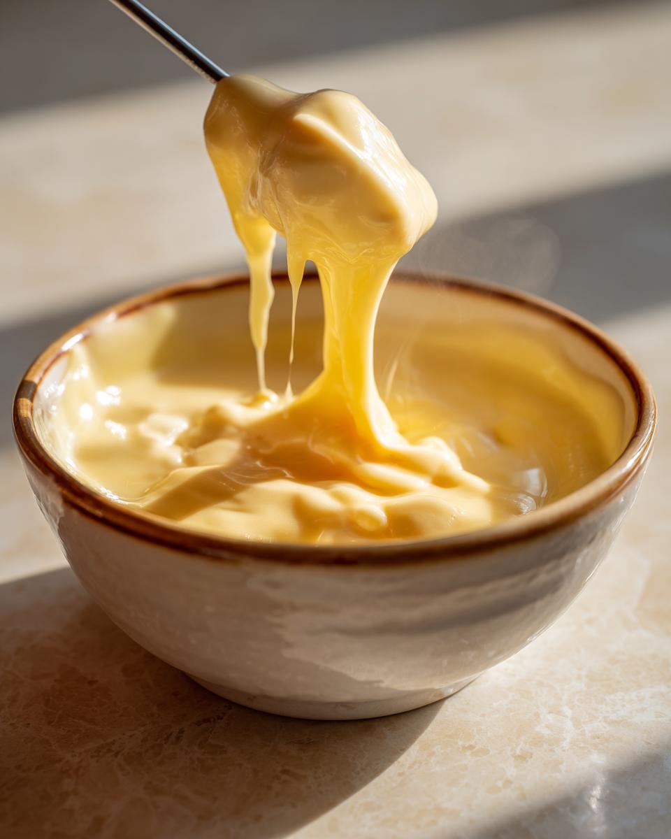 A fondue fork lifts thick, gooey cheese from a bowl of melting pot cheese fondue recipe.