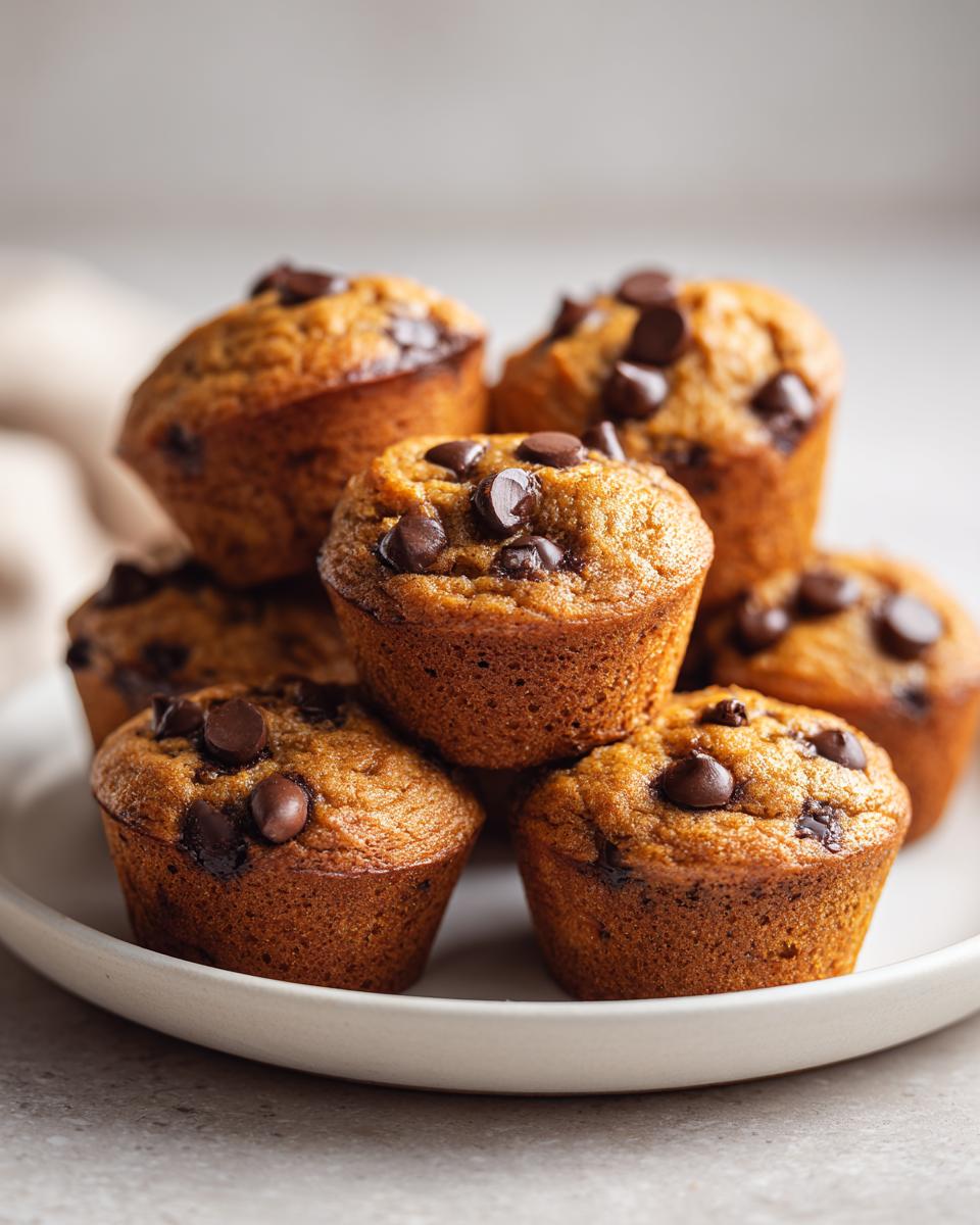 A tempting stack of freshly baked mini chocolate chip muffins piled high on a white plate.
