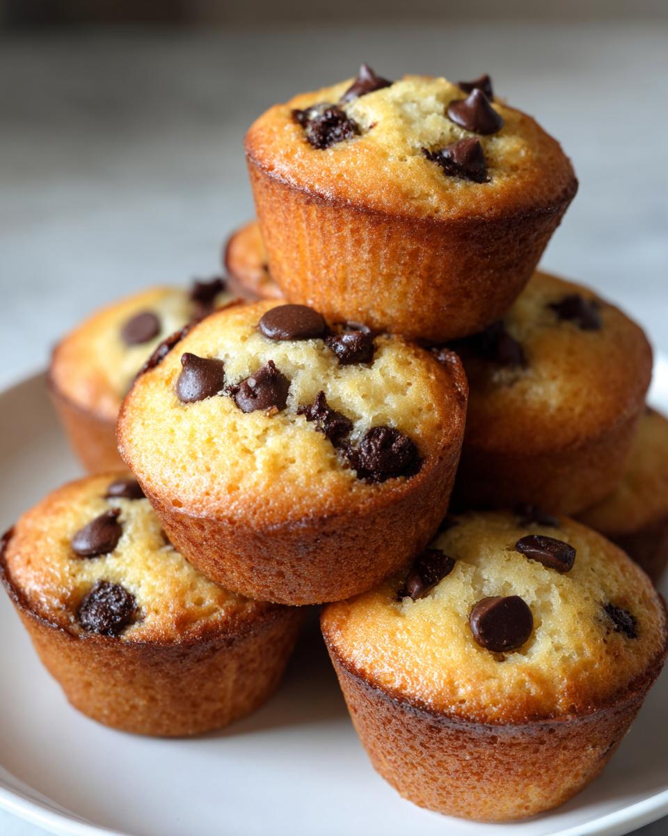 A stack of golden-brown mini chocolate chip muffins piled on a white plate.