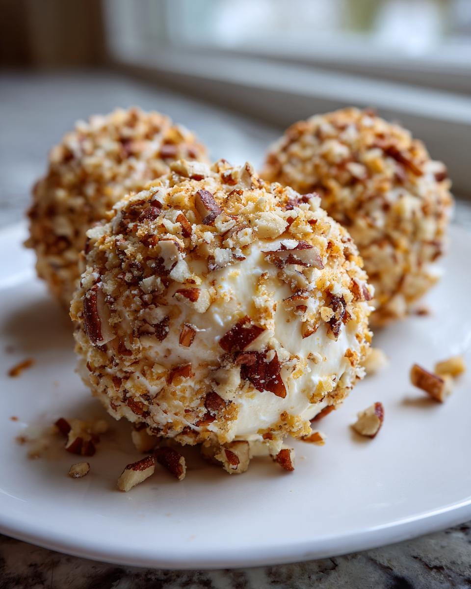 Close-up of three small, creamy cheese ball appetizers coated heavily in chopped pecans and nuts.