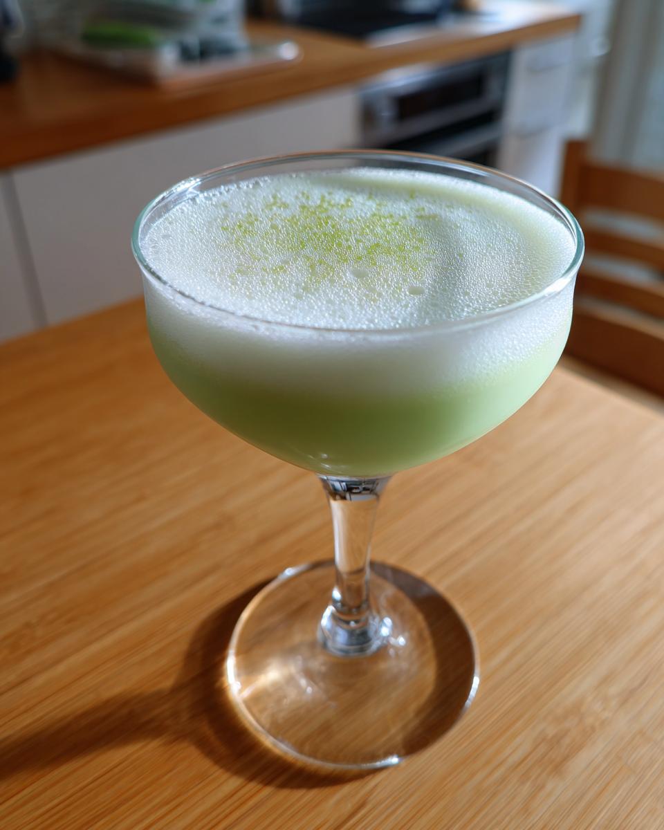 A pale green mint white chocolate martini served in a coupe glass with a frothy top and lime zest garnish.