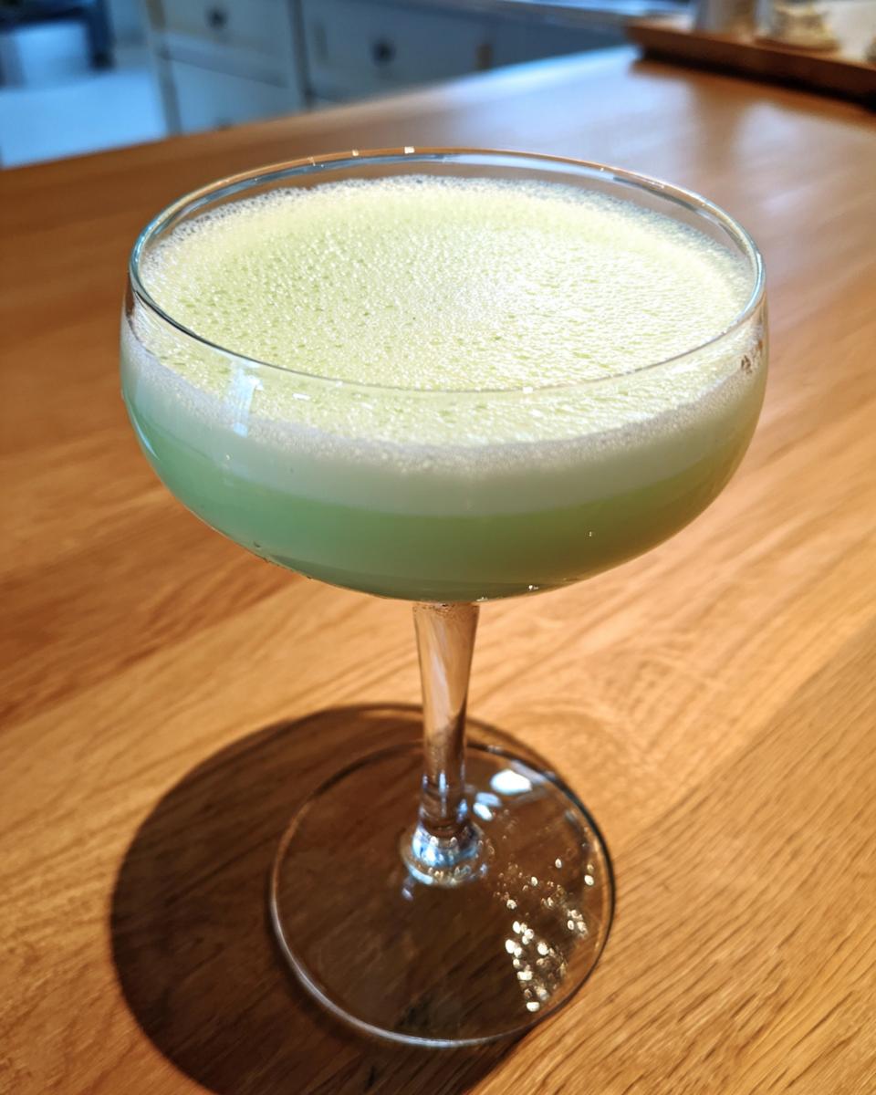 A pale green, frothy mint white chocolate martini served in a clear coupe glass on a wooden table.