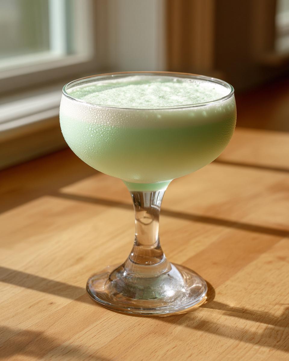 A chilled, pale green mint white chocolate martini served in a coupe glass on a wooden surface.