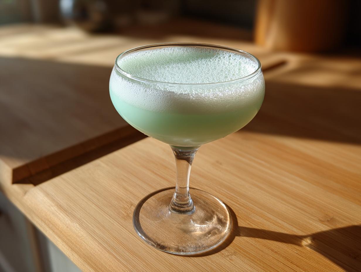 A pale green, frothy mint white chocolate martini served in a delicate coupe glass on a wooden surface.
