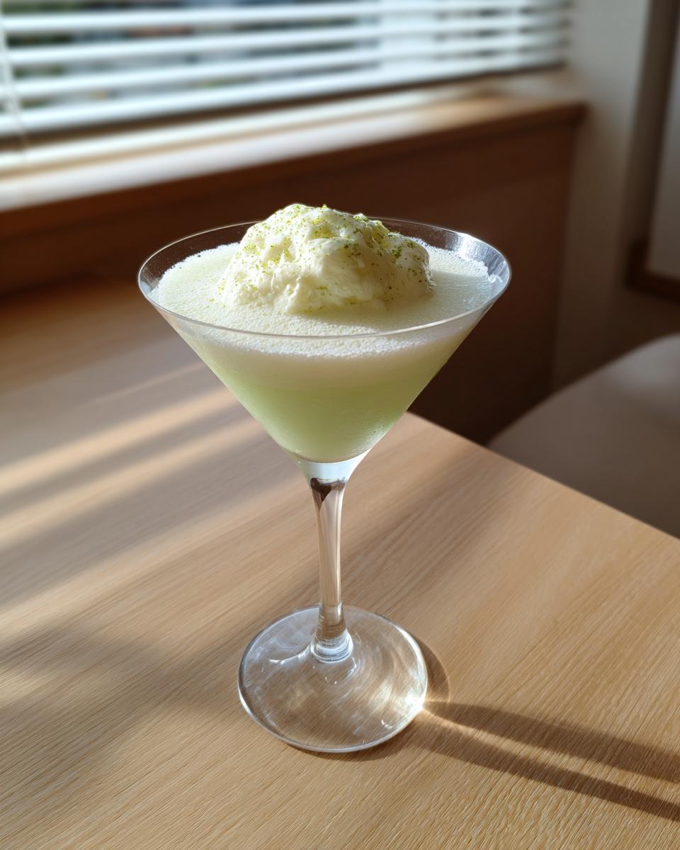 A pale green mint white chocolate martini topped with a dollop of whipped cream and lime zest.