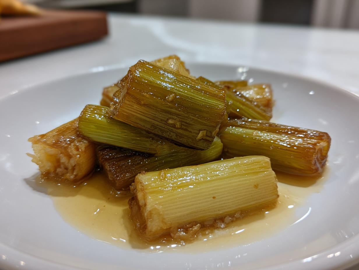 Close-up of tender, glossy miso braised leeks cut into segments, resting in a light sauce on a white plate.