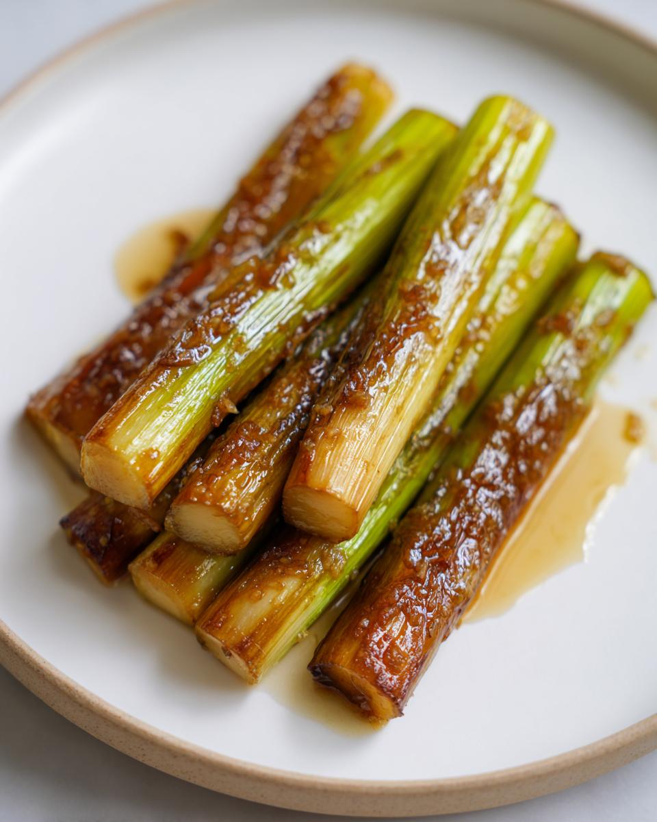 Close-up of shiny, glazed miso braised leeks stacked on a white plate.