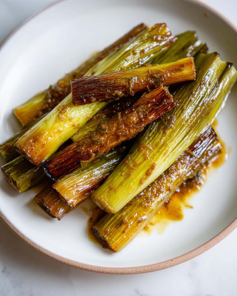 A close-up of tender, glistening miso braised leeks served on a white plate.