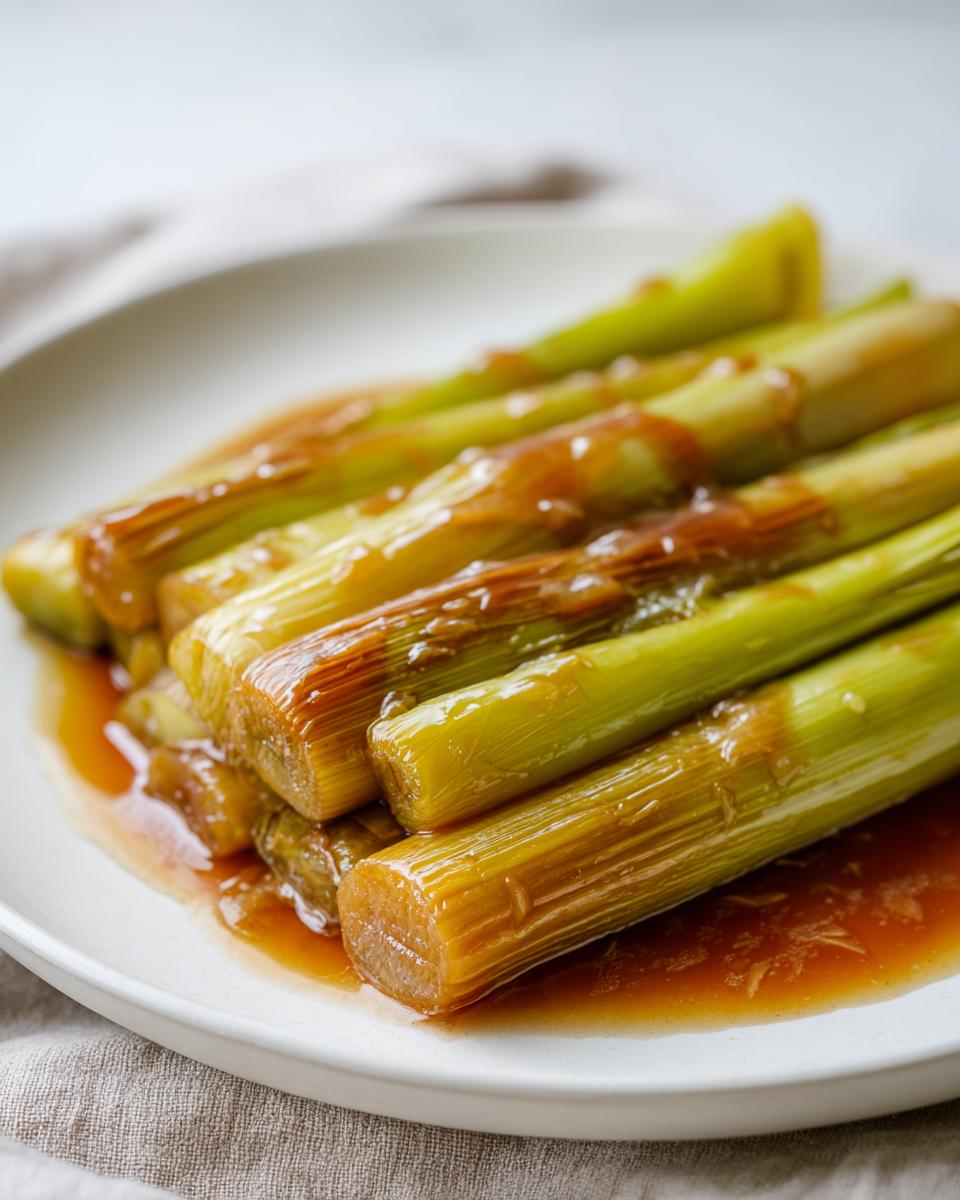 Close-up of tender miso braised leeks served on a white plate with a savory brown glaze.