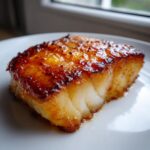 Close-up of a thick, flaky piece of miso glazed chilean sea bass recipe, caramelized on top.