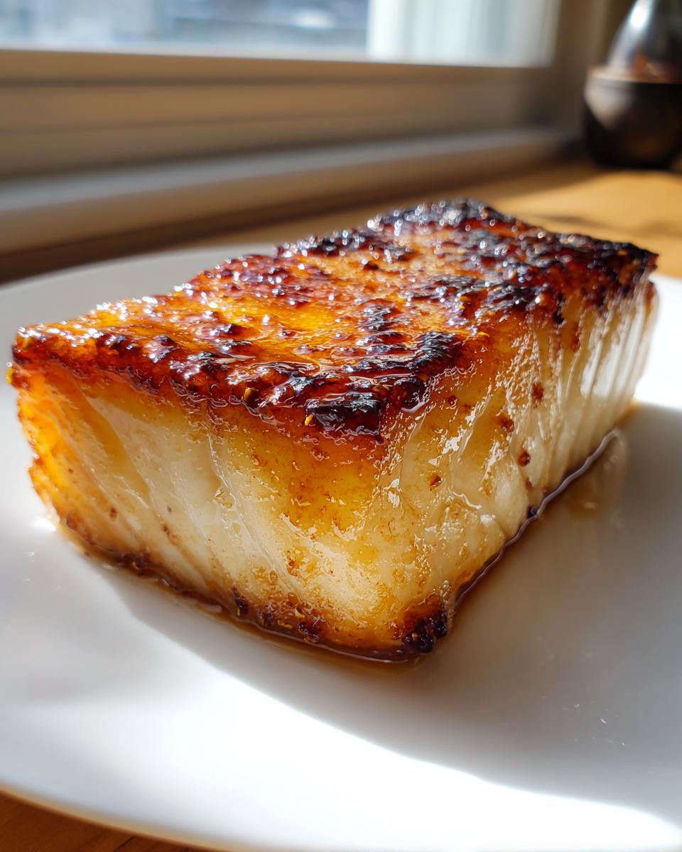 Close-up of a thick, flaky piece of miso glazed chilean sea bass recipe, caramelized beautifully under bright light.