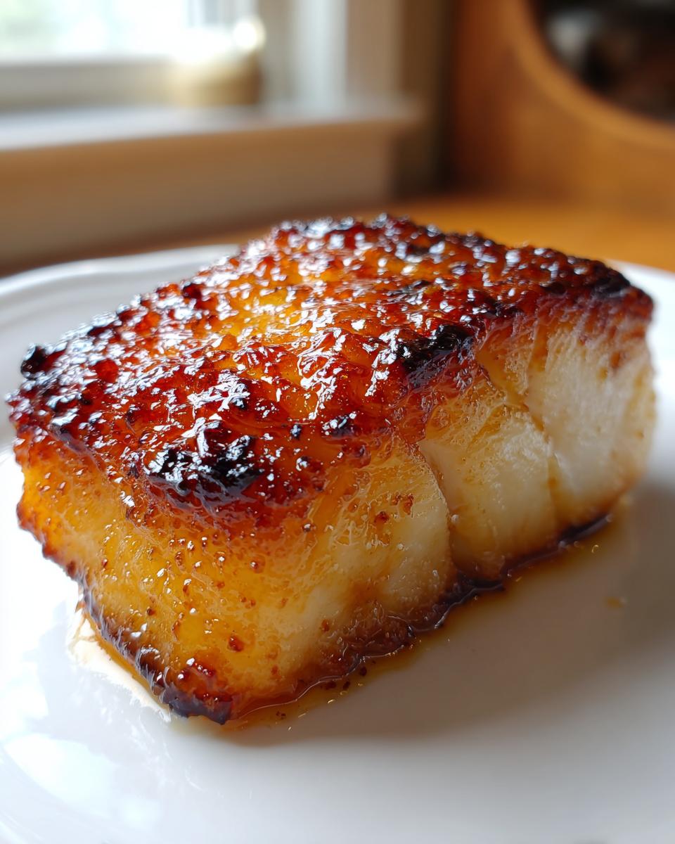 Close-up of a thick, flaky fillet of miso glazed chilean sea bass recipe with a caramelized, shiny brown crust.