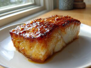 A thick, perfectly cooked fillet of miso glazed chilean sea bass recipe with a caramelized, shiny brown crust.