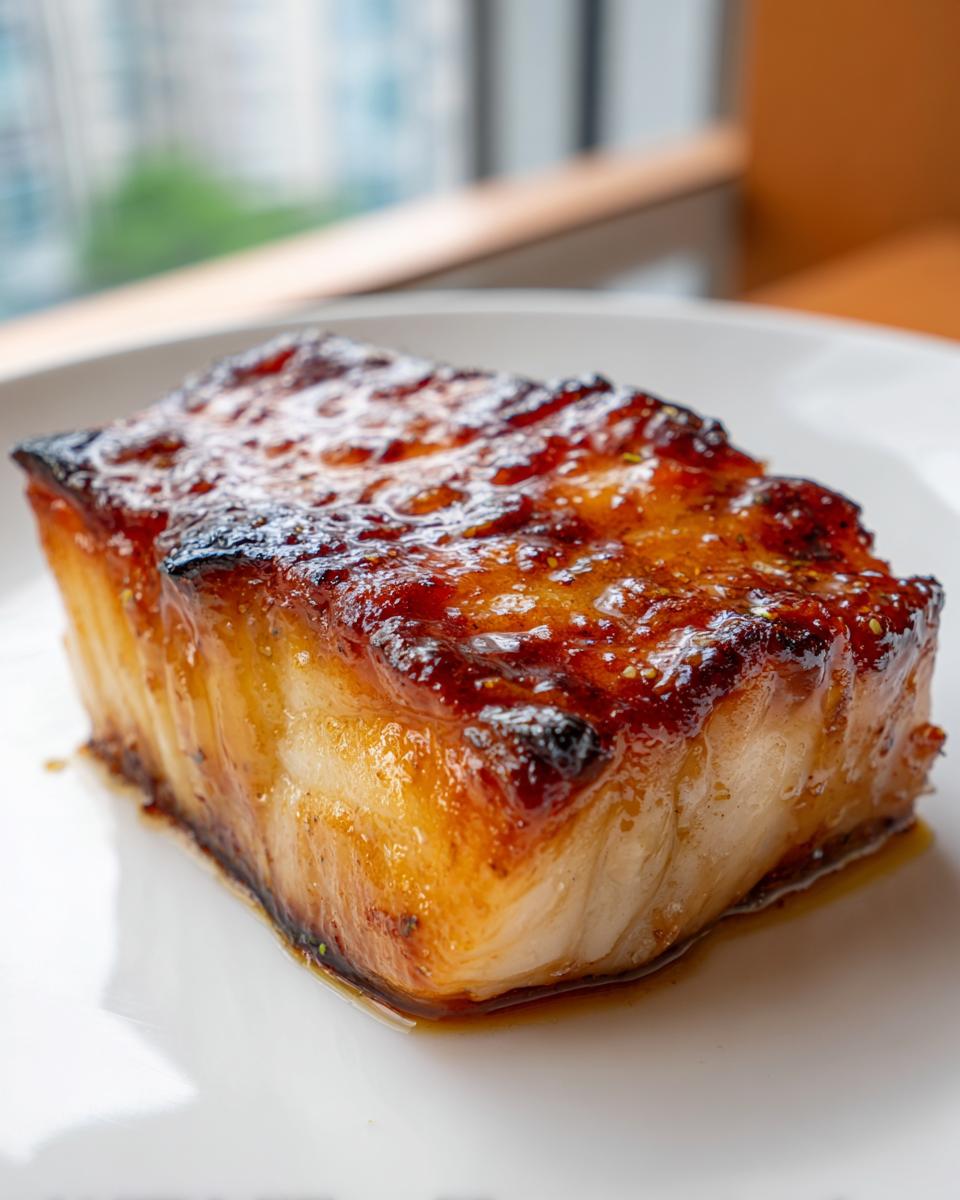 Close-up of a thick, flaky fillet of miso glazed chilean sea bass recipe with a caramelized, shiny brown crust.