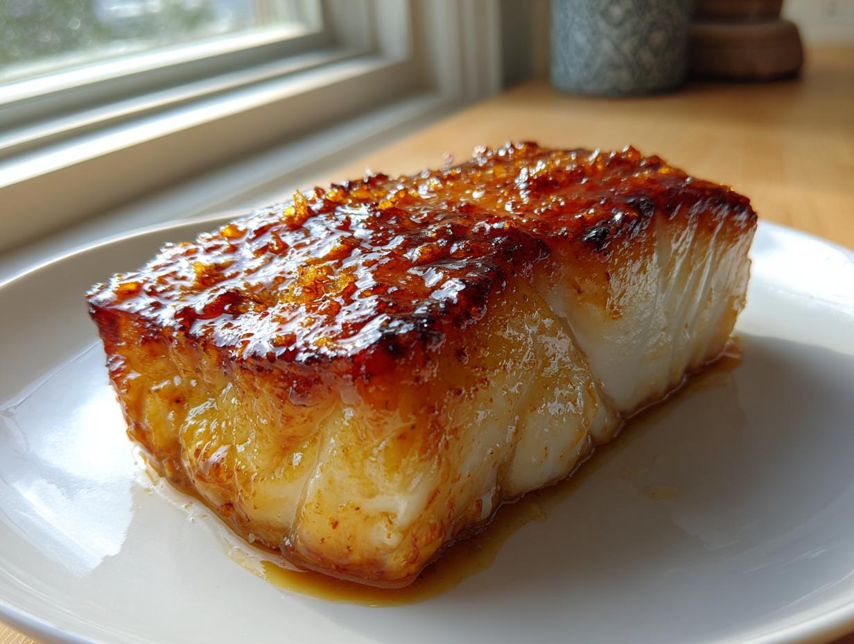 A thick, perfectly cooked fillet of miso glazed chilean sea bass recipe with a caramelized, shiny brown crust.