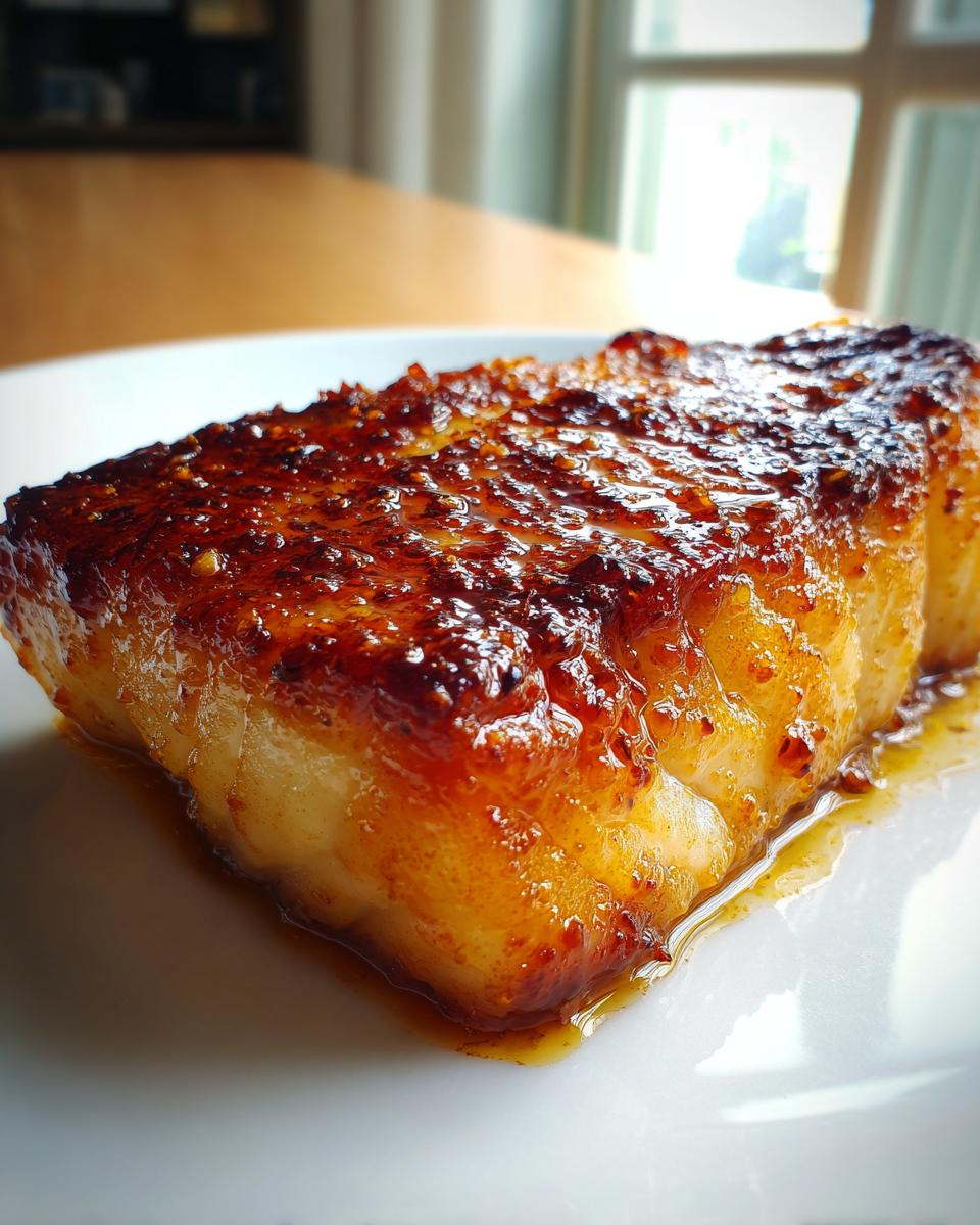 Close-up of a thick fillet of miso glazed chilean sea bass with a caramelized, shiny brown crust.