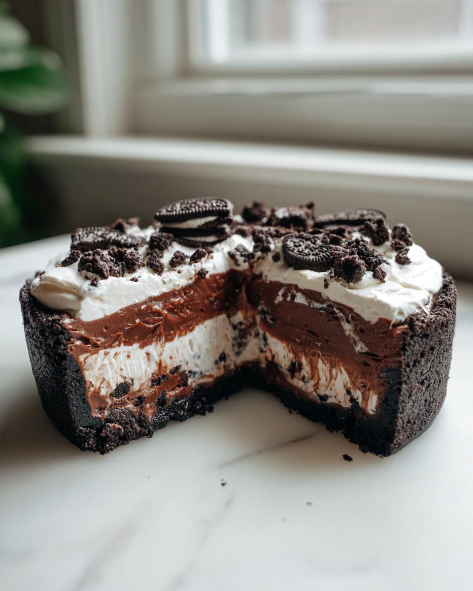 A slice cut out of a rich Mississippi Mud Pie showing four distinct layers, topped with whipped cream and cookies.