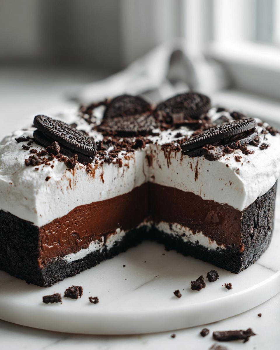 A slice removed from a rich Mississippi Mud Pie showing four distinct layers, topped with whipped cream and whole Oreos.