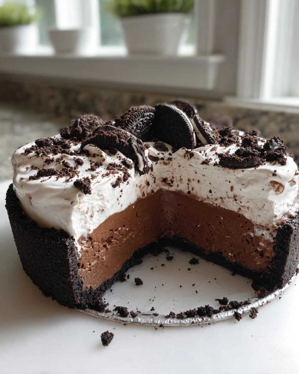A cross-section view of a rich Mississippi Mud Pie showing the chocolate filling, whipped topping, and Oreo crust, topped with whole cookies.