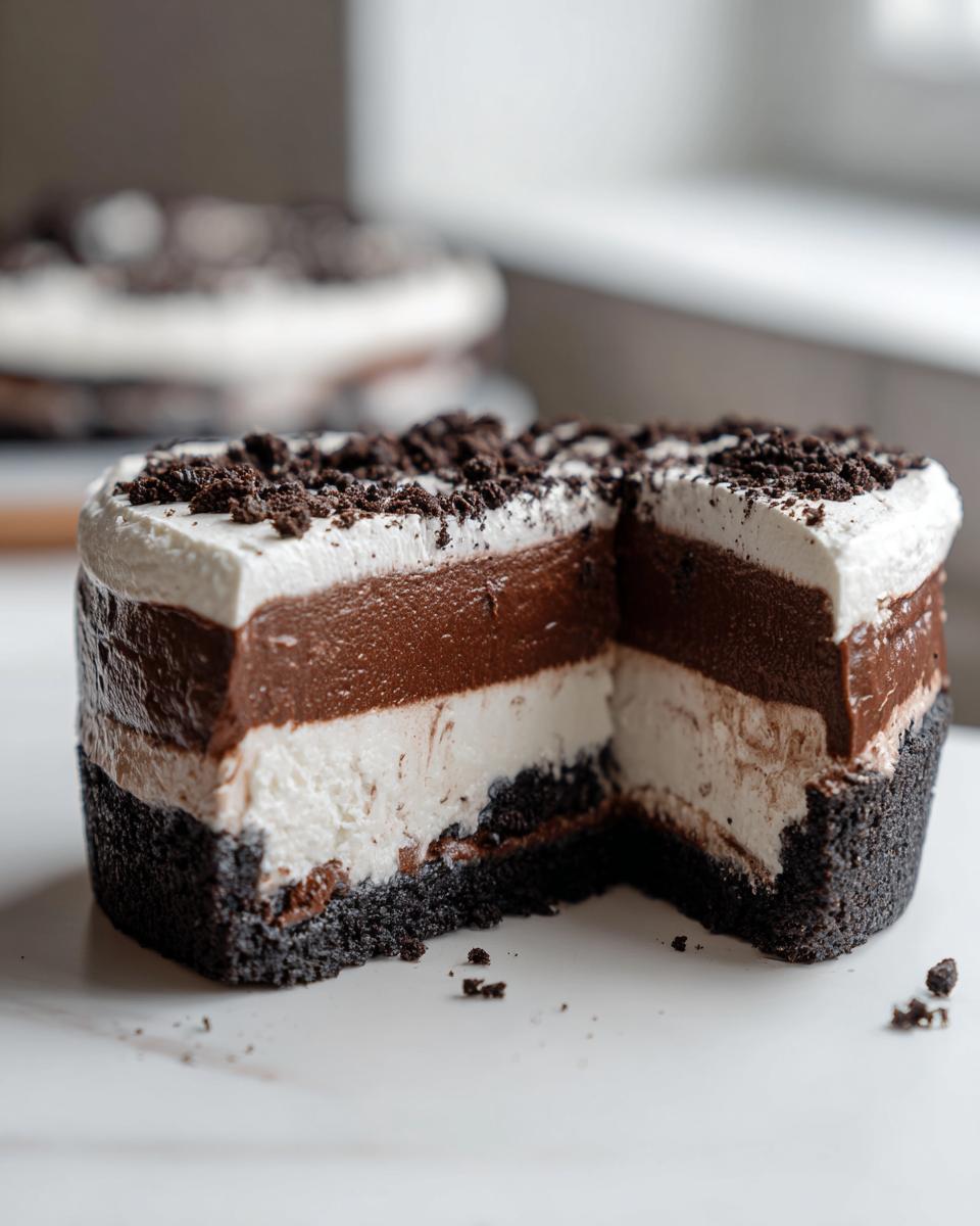 Close-up of a slice removed from a layered Mississippi Mud Pie showing chocolate, cream, and dark cookie crust.