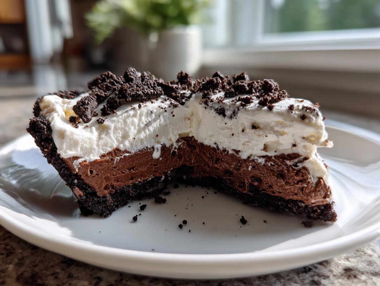 Cross-section of a Mississippi Mud Pie slice showing a dark crust, chocolate filling, whipped topping, and cookie crumbs.