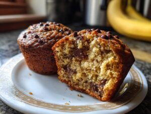Close-up of moist banana muffins, one cut open showing chocolate chips inside.