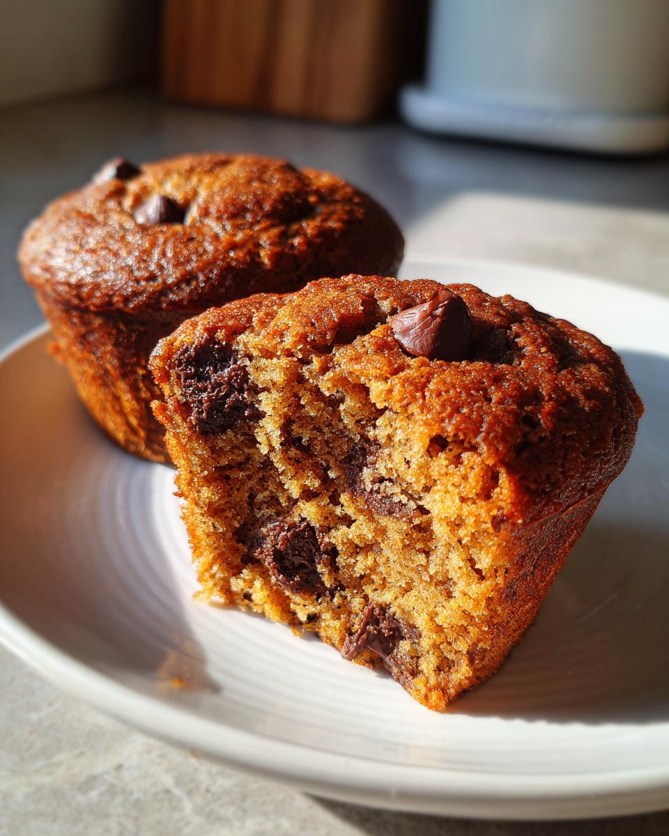 Close-up of a moist banana muffins, one cut open showing chocolate chips inside, on a white plate.