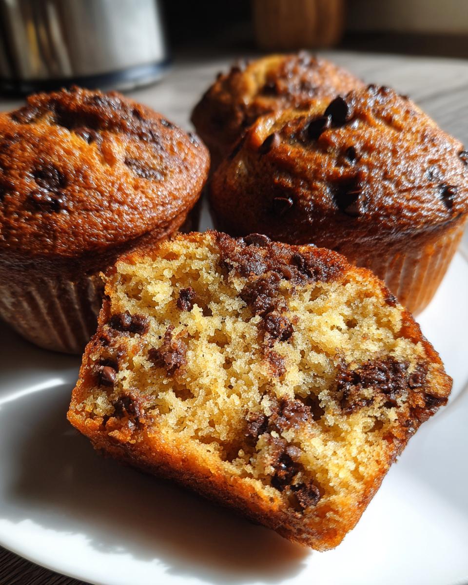 Close-up of a moist banana muffins half showing the fluffy crumb dotted with chocolate chips.
