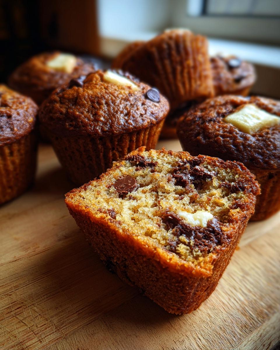 Cross-section view of moist banana muffins filled with chocolate chips and a white chunk, surrounded by whole banana muffins.