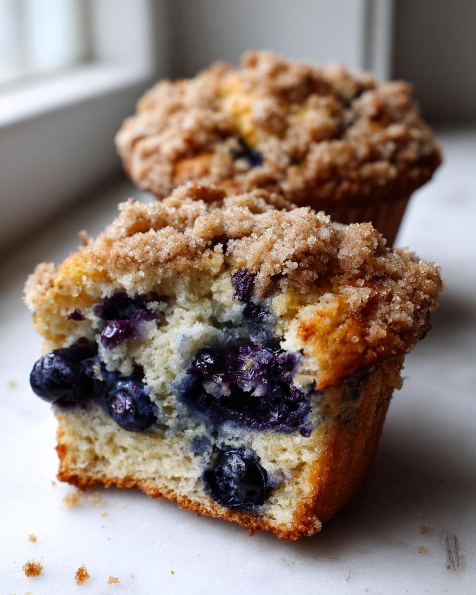Close-up of a moist blueberry muffin cut in half, showing juicy berries and a crunchy streusel topping.