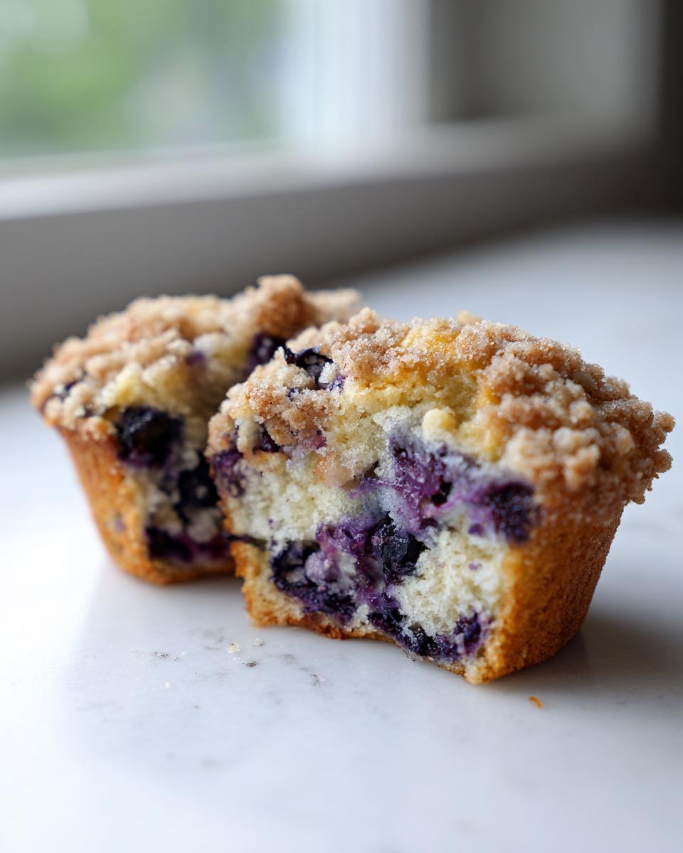 Close-up of two moist blueberry muffins cut in half, showing the interior packed with blueberries and a crumb topping.