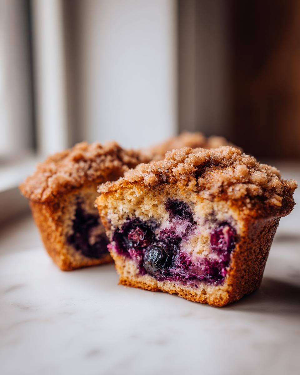 Close-up of a moist blueberry muffin cut in half, showing juicy blueberries and a cinnamon streusel topping.