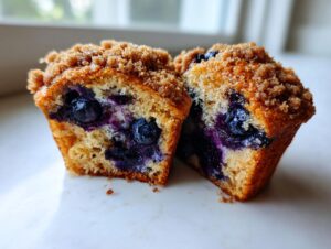 Close-up of two halves of a moist blueberry muffin showing juicy blueberries and a streusel crumb topping.
