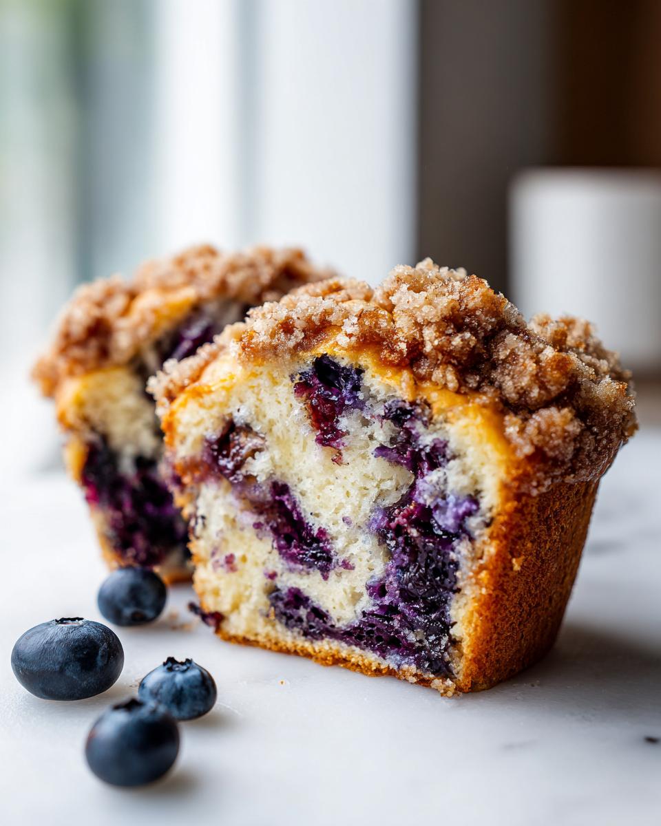 Cross-section of a moist blueberry muffin showing juicy berries and a sugary crumb topping. Perfect blueberry muffins.