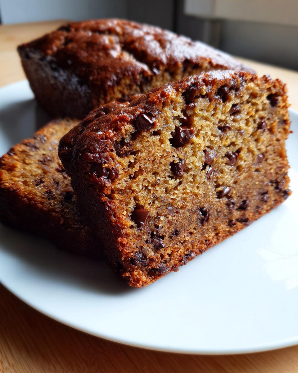 Close-up of moist slices of chocolate chip banana bread showing rich texture and melted chocolate chips.
