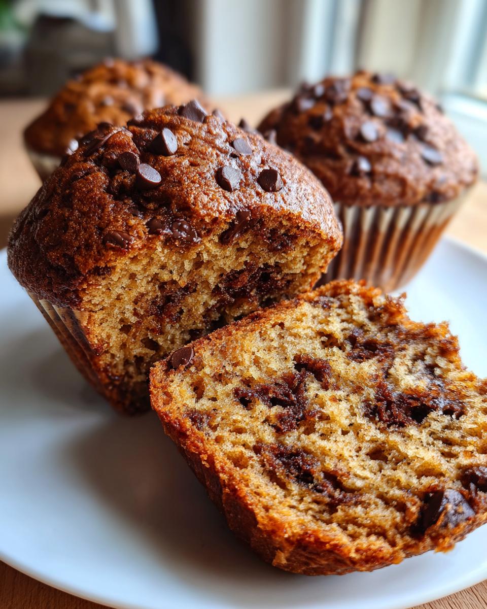 Close-up of moist chocolate chip banana muffins, with one muffin cut in half showing the rich interior.